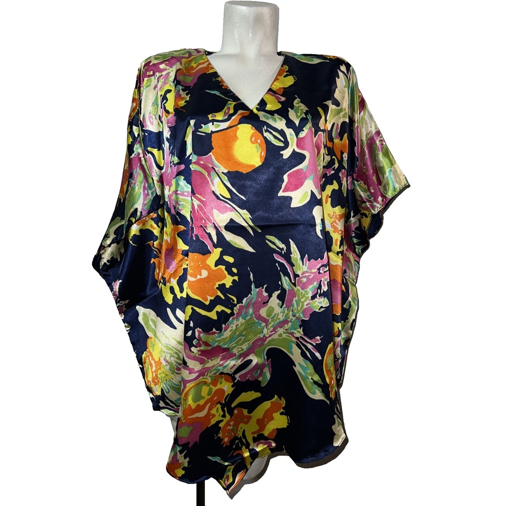 Ashro Women Free Size Navy Blue Abstract Floral Satin Kaftan V-Neck Top NWT